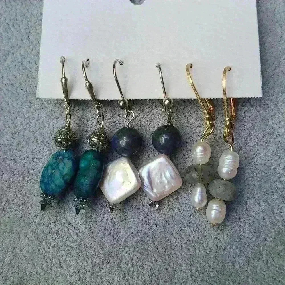 Vintage artisan handcrafted Dangl stones mothers of pearl turquoise earrings lot - Picture 4 of 12
